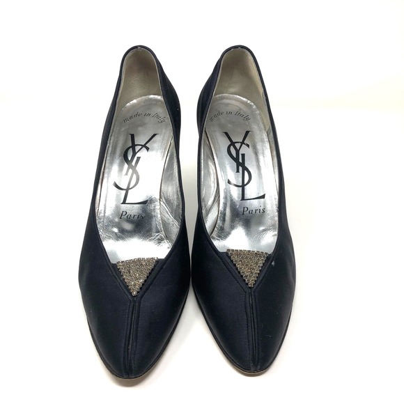 Vintage YSL Yves Saint Laurent Pumps Heels Womens 8 Black Satin Rhinestone - Picture 1 of 15